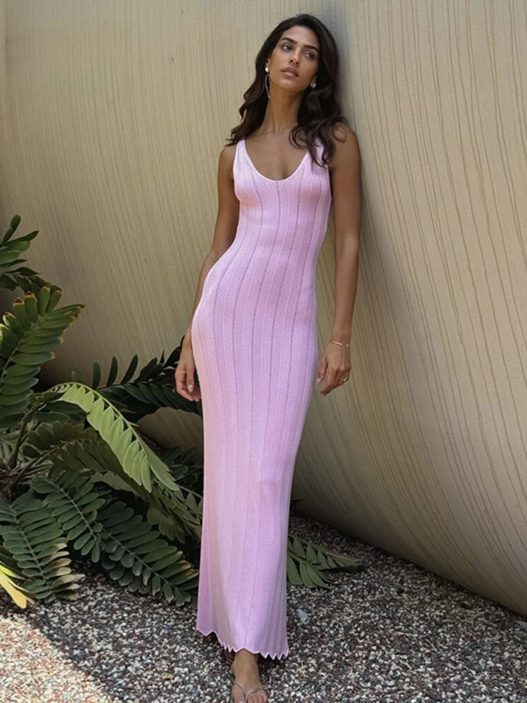 

XIZOU Backless Sexy Knitted Dress V Neck Sleeveless Bodycon Long Summer Dress Elegant Party Evening Maxi Dresses for Women 2024