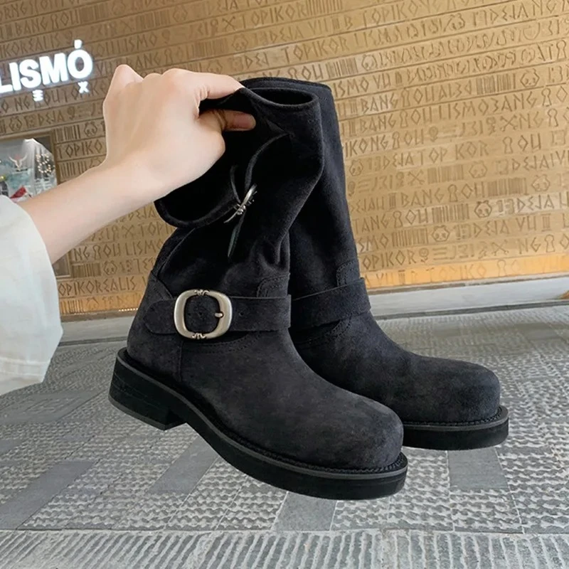 Bottines rétro en caoutchouc pour femmes, avec boucle en métal, tête ronde, polissage, Locomotive, automne 2026