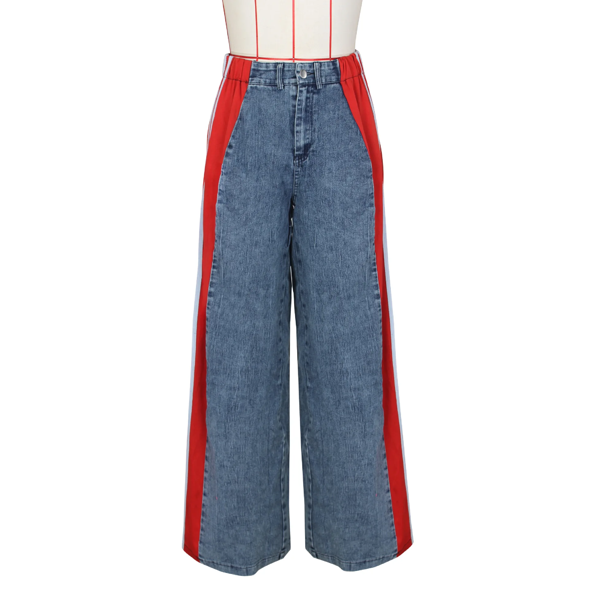 Modische Damen-Jeans, Sommer, lockeres Patchwork, hohe Taille, bequeme Straße, kann lässige Damen-Hosen mit weitem Bein tragen