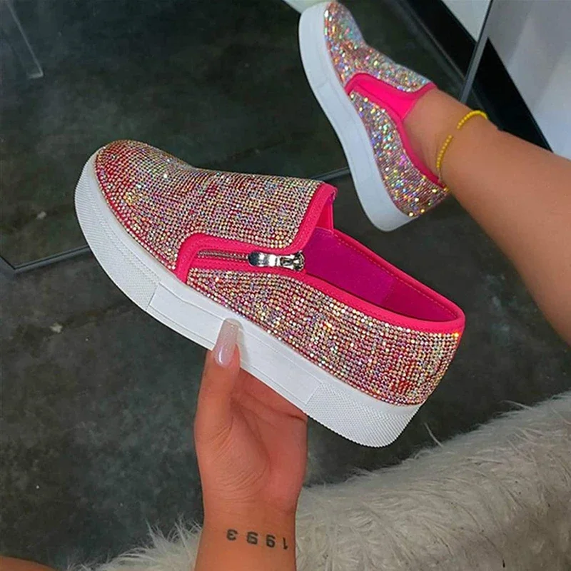 2022 New Fashion Loafers Shiny Rhinestone Zipper Shoes Women\'s Outdoor Casual Shoes Women Women\'s Thick Sole Vulcanized Shoes