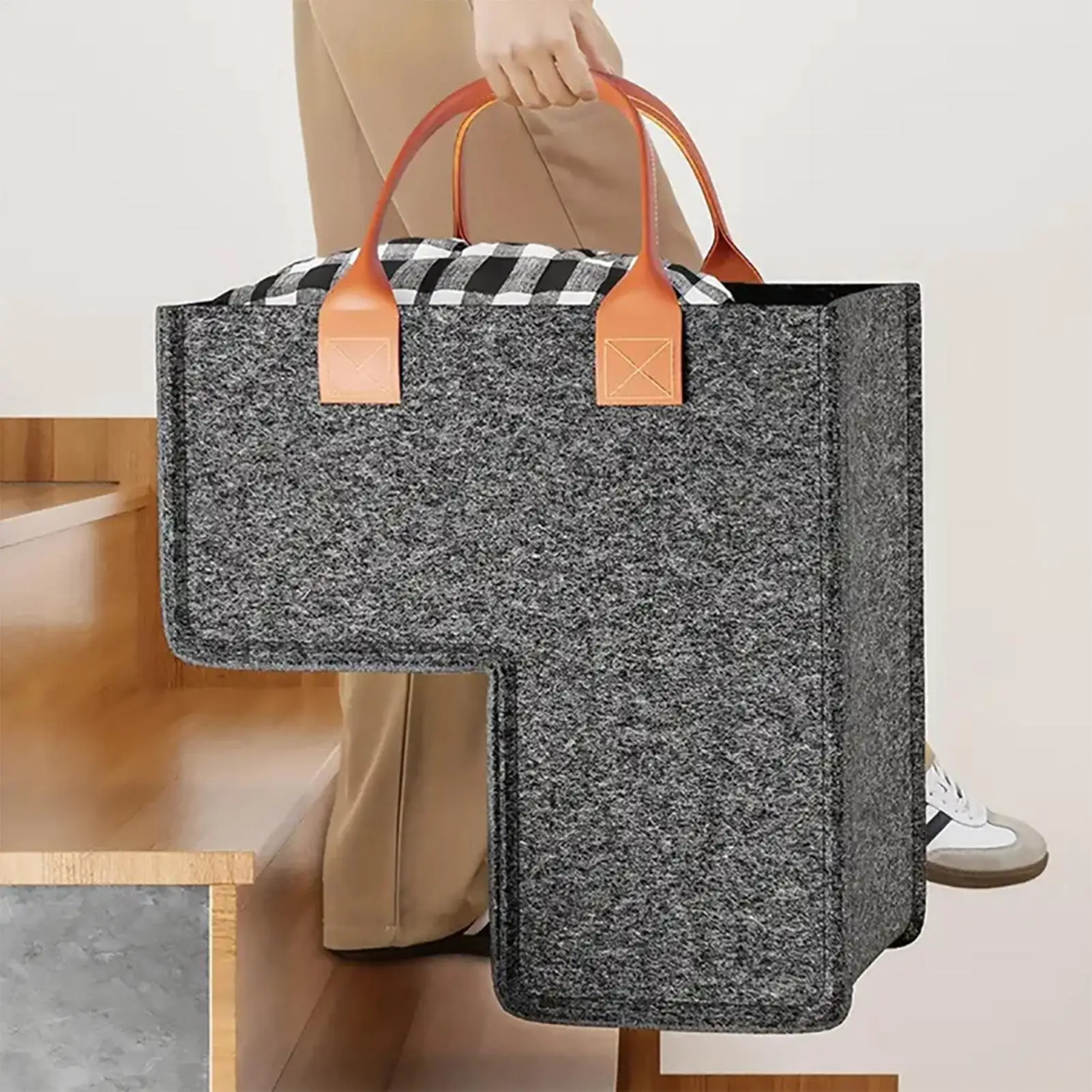 L Shaped Felt Stairsteps Basket Space Saving Storage Bag with Durable Handles Clothes Washable Ladder Basket