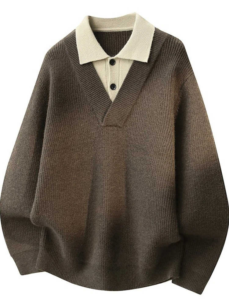 

Men's Retro Ne Knitwear Patchwork Fake Two-Piece Heavyweight Casual Sle Long Sve Thermal Outerwear for Autumn Winter