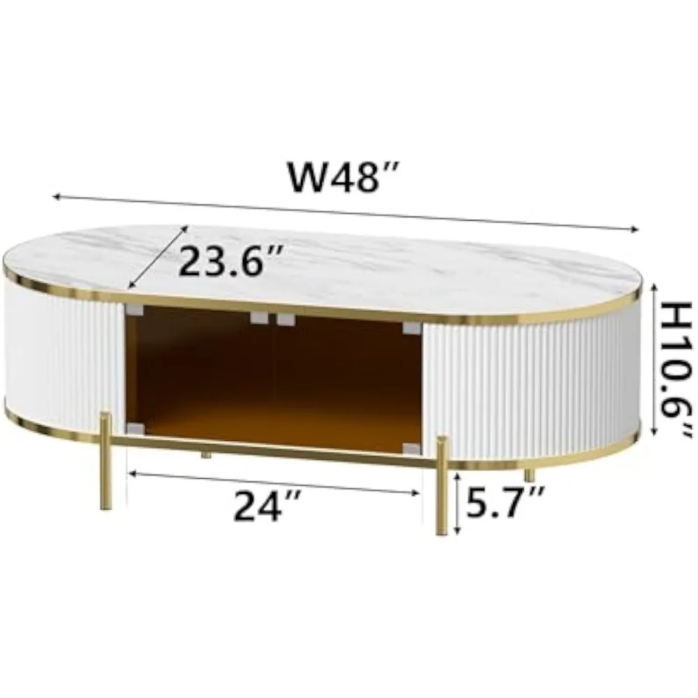 Table basse cannelée de luxe avec porte en verre, plateau en faux marbre, table centrale à profil incurvé avec rangement, nar, 48 po