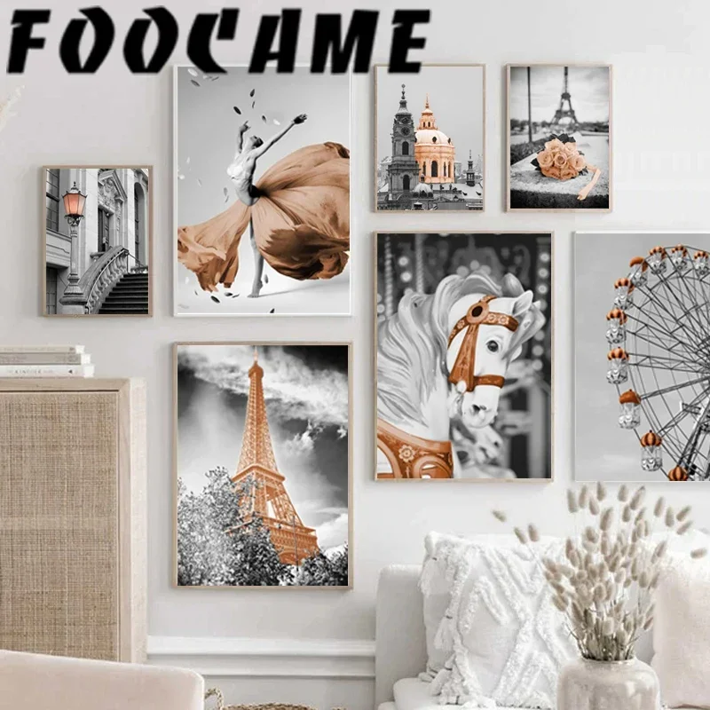 Eiffel Tower Ferris Wheel Dance Painting Landscape Grey Modern Abstract Canvas Wall Art Print Poster Picture Luxury Home Decor