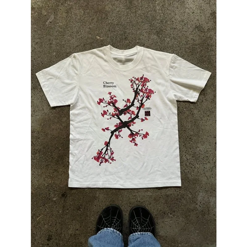 Grafik-T-Shirt mit Kirschblütenzweigen für Herren aus 100 % Baumwolle, perfekt für den lässigen Streetwear-Stil im Sommer