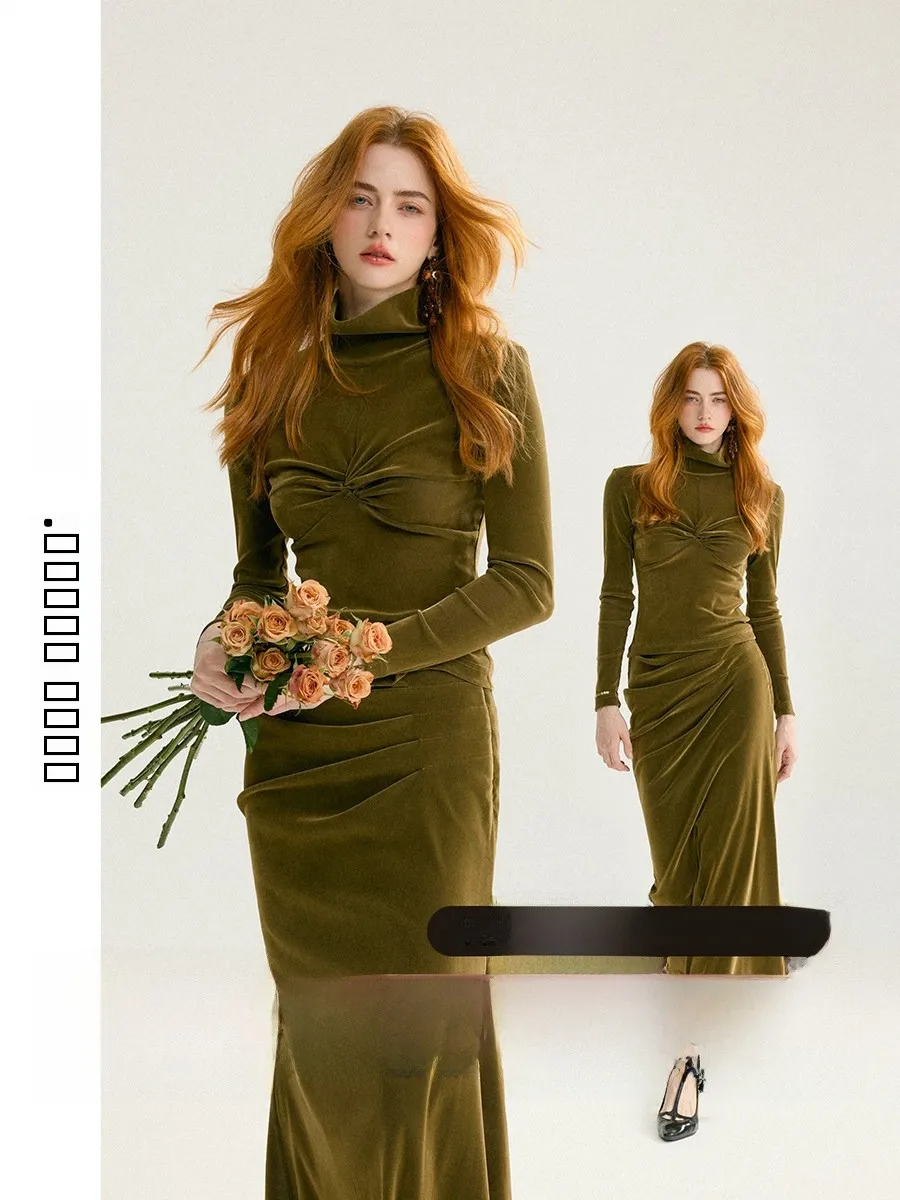 

Sincethen Faion Set Vintage Dr Top And Skirt Two-Piece Suit Autumn High Collar Long Sve French Sle Versatile Women
