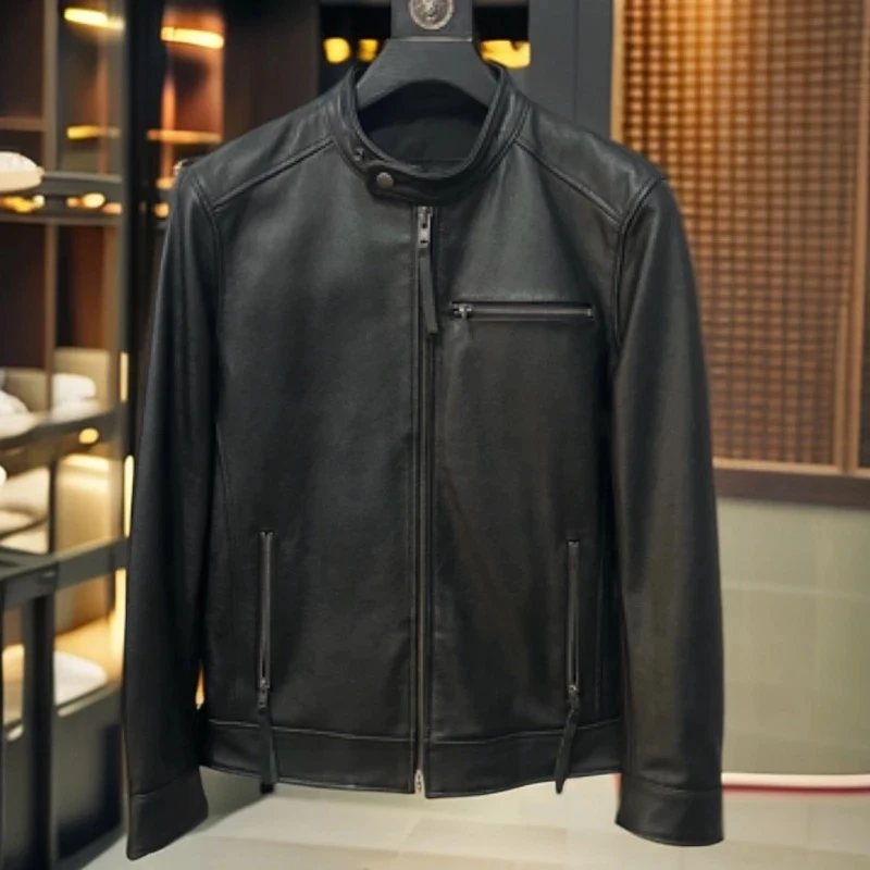 

Мужская приталенная кожаная куртка с воротником-стойкой в байкерском стиле, осенняя модная повседневная городская кожаная куртка простого дизайна