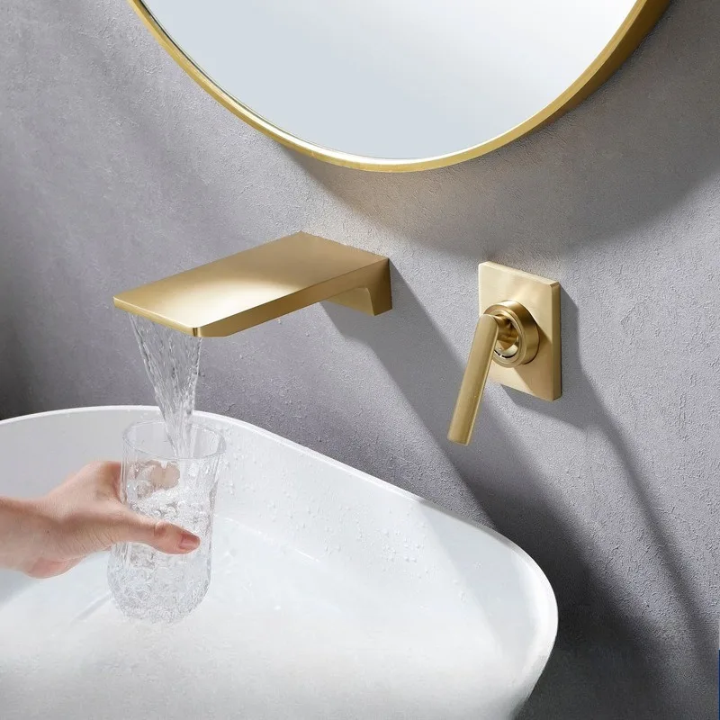 All-copper brushed gold concealed faucet into the wall All-copper wash basin Pre-buried hidden hot and cold water wall faucet