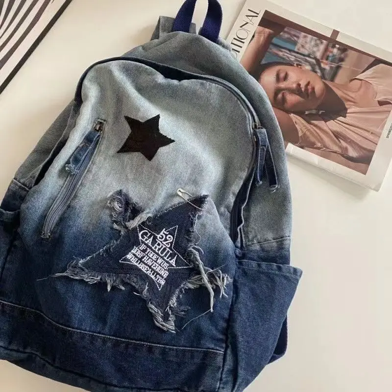 Y2K Backpack for Women Stars Collage Denim Shoulder Bag 2023 New Large Capacity School Backpack Casual Travel Mochila Femenina