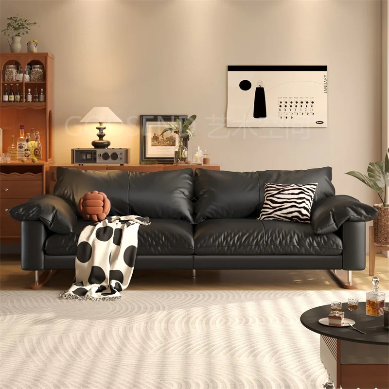 

Chinese Ancient Style Straight Row Leather Sofa Living Room Advanced Retro Cat Scratch Leather High Leg Simple Furniture