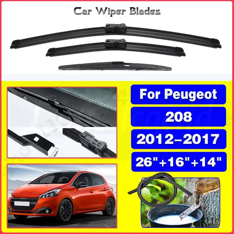 

For Peugeot 208 2012-2017 26"+16"+14" Front Rear Wiper Blades Windshield Windscreen Window Cutter Accessories 2015 2016 2017