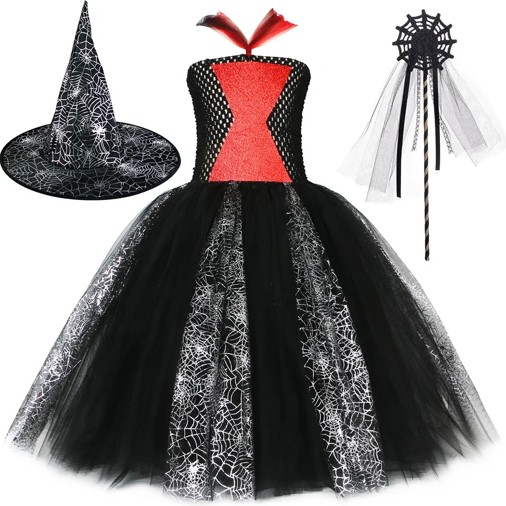 Black Widow Spider Tutu Dress for Girls Kids Halloween Costumes Children Carnival Party Fancy Spider Web Witch Dress Up Clothes