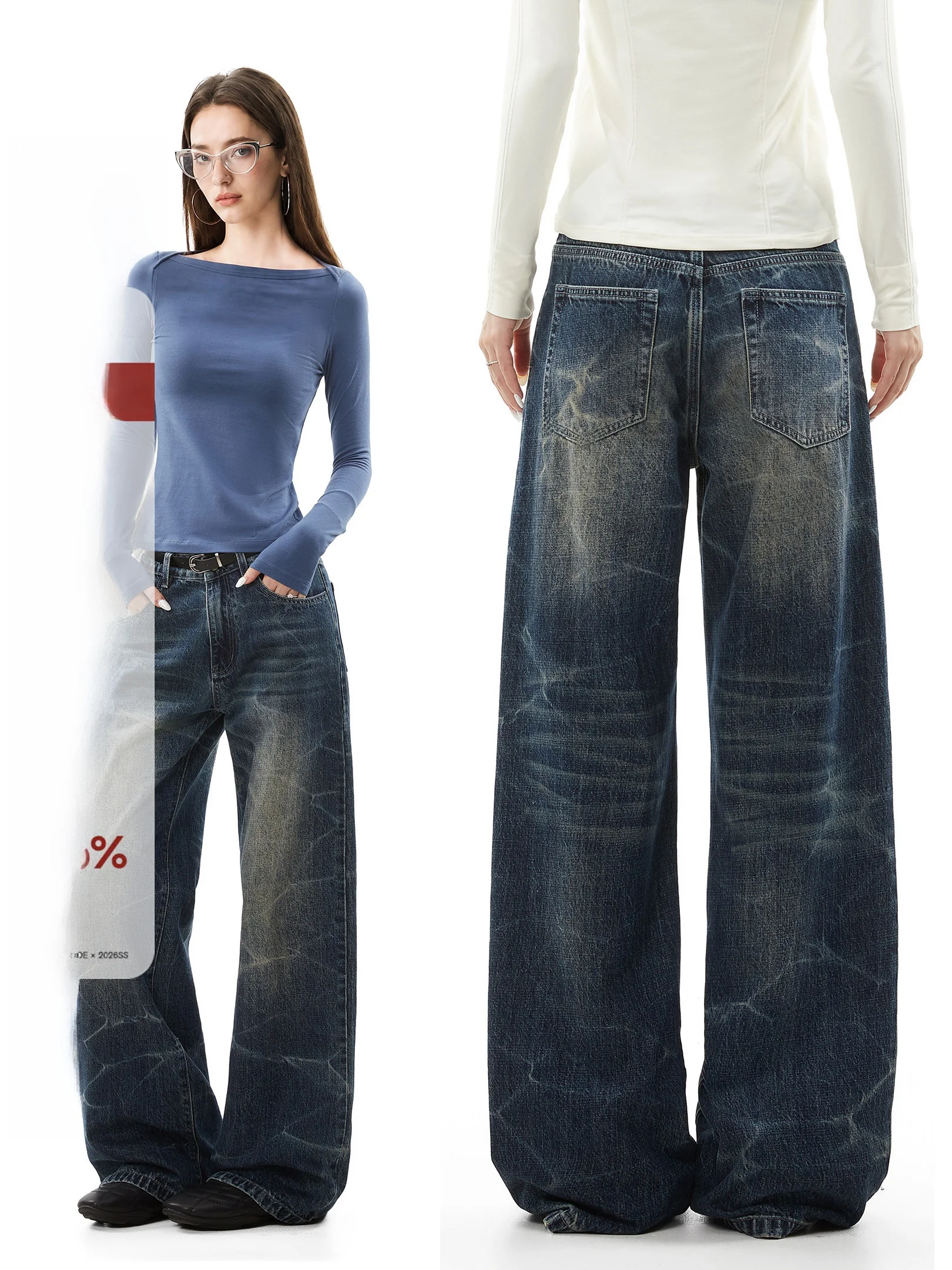 Ich Mode Cracked Washed Wide Leg Denim Jeans Women's 2026 Vintage Yellow Clay Dye Loose Floor-Length Straight Cut Trousers