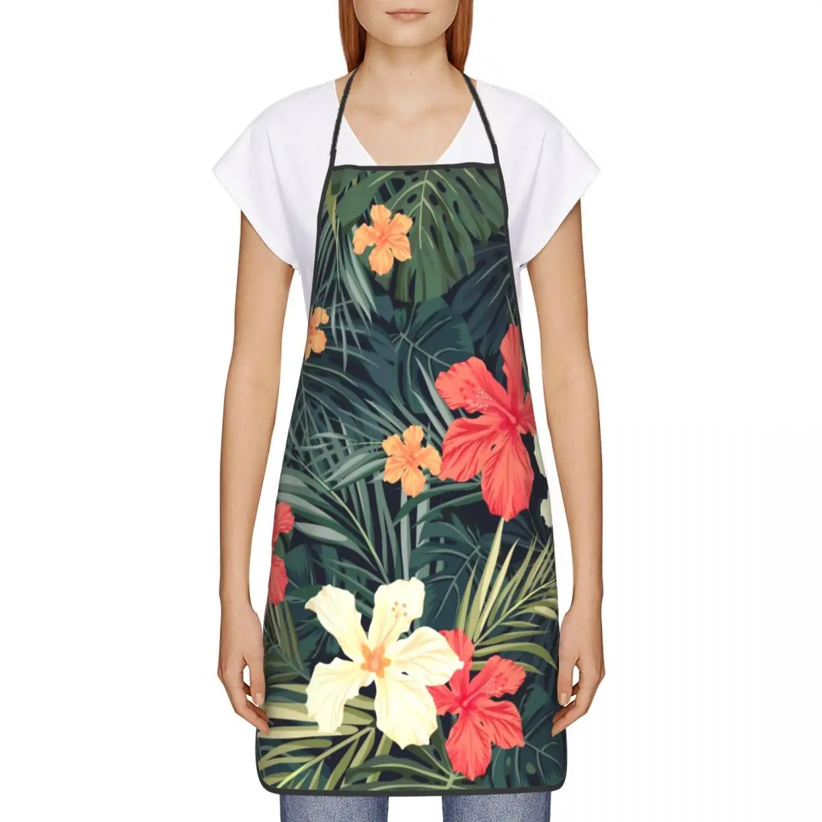 Jungle Flowers Pattern Apron Women Men Unisex Bib Floral Tropical Plants Cooking Kitchen Tablier Cuisine Chef Baking