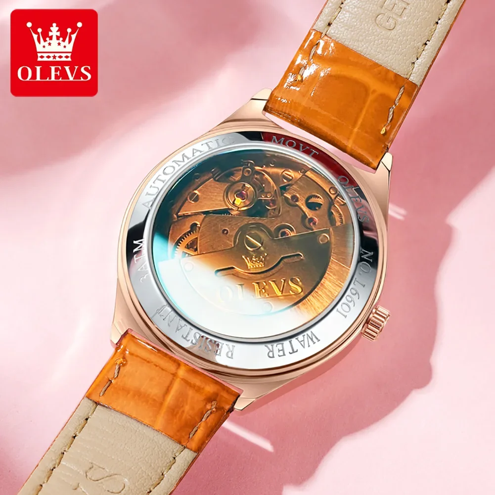 OLEVS Automatic Mechanical Watch for Women Luxury Leather Strap Dragonfly Skeleton Dial Fashion Women\'s Wristwatches Reloj Mujer