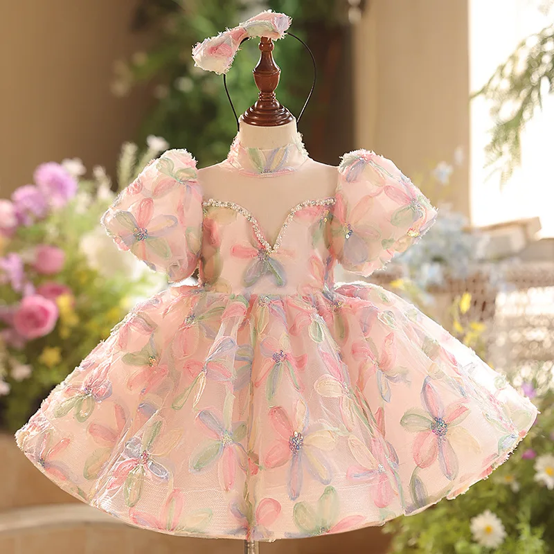

Children Puff Sleeves Summer Dress Kids Girls Birthday Party Princess Dresses Fashion Show Piano Performance Baby Girl Clothing