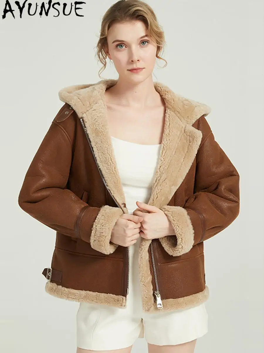 

AYUNSUE натуральная дубленка, женская куртка из натуральной кожи, зимние куртки с капюшоном, роскошная одежда, женская мотоциклетная шуба Женская