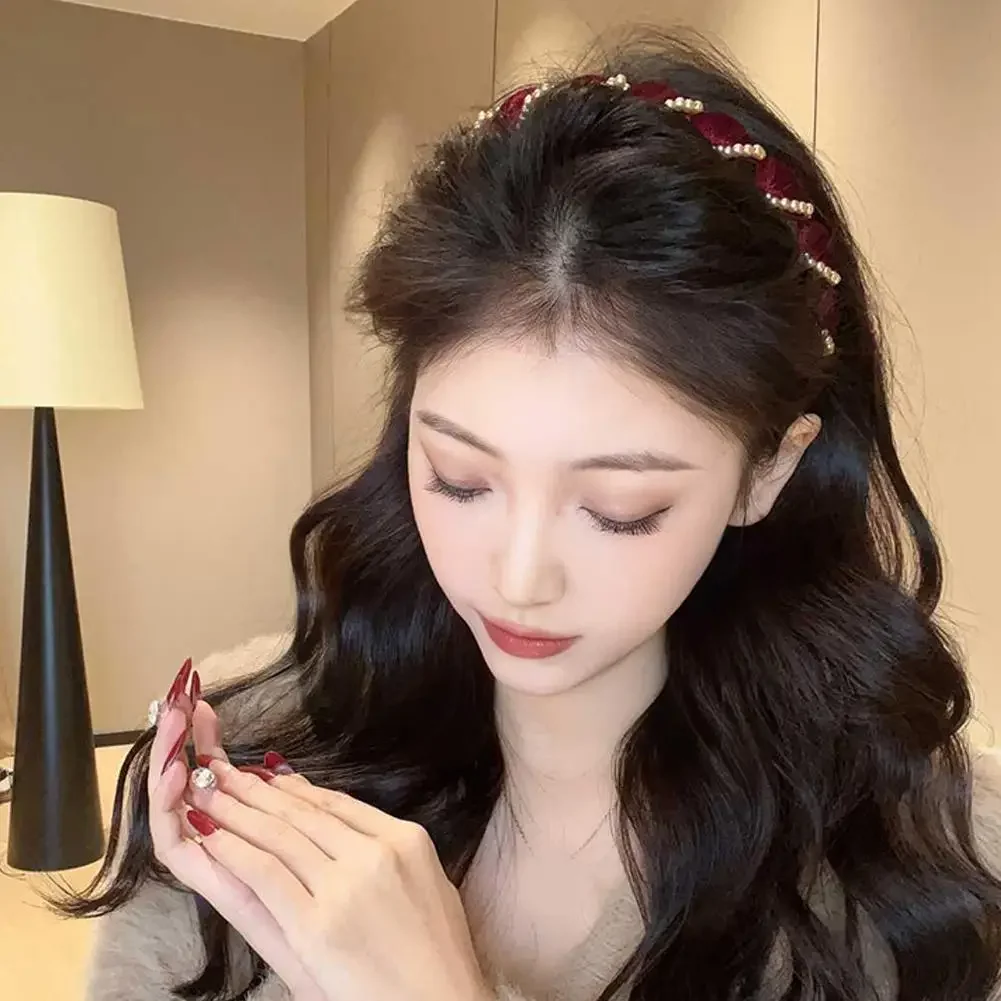 빈티지 벨벳 진주 웨이브 헤어밴드 미끄럼 방지 톱니형 헤어밴드 여성 소녀용 패션 달콤한 헤어 액세서리