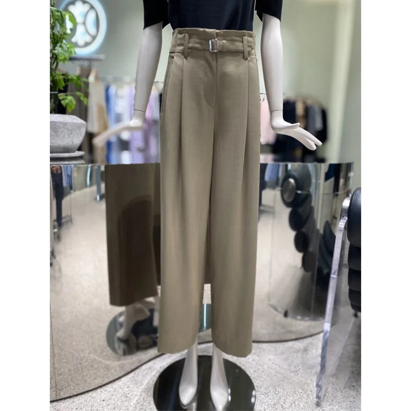 

Ele High Waist Wide Leg Pants Women's Faion Decorative Belted Straight Cut Trousers Autumn Collection Two Colors
