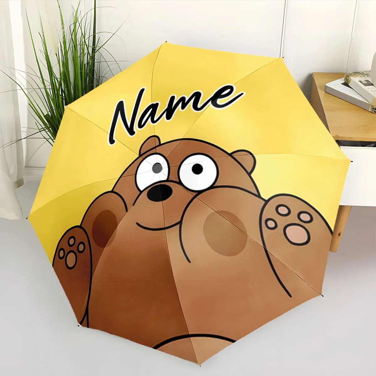 Custom Name Cute Yellow Bear Umbrella with Personalized Design Print 8 Iron Ribs Folding Umbrella Auto-Open Fashion Sunshade