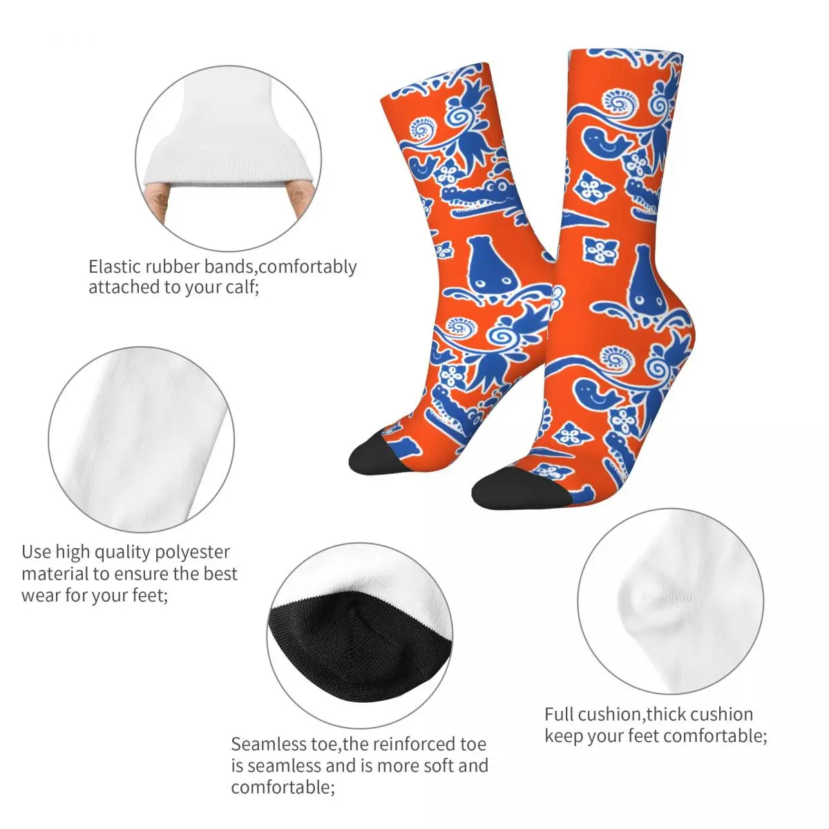 Gator Toile-Men's Vintage Harajuku Street Style Novidade Seamless Crew Sock, Laranja e Azul