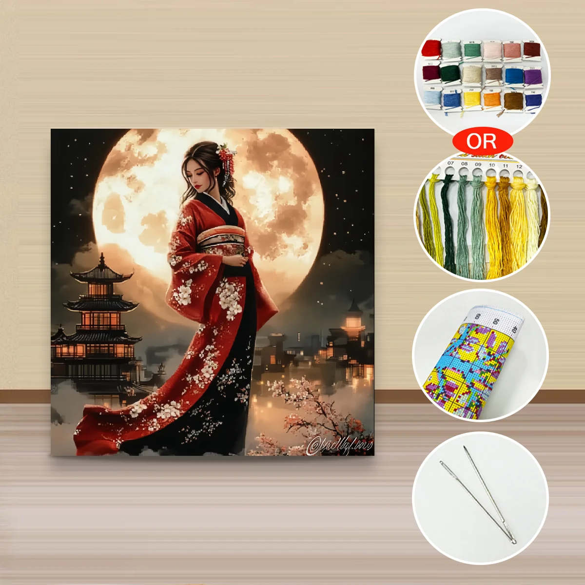 1 Stück 40x40 cm/15,74 Zoll, 11Ct/14Ct Kreuzstich-Set, DIY Valentinstagsgeschenk, Stickerei-Set für Festlichkeiten, Kimono-Dame im Mondlicht – Detail 2