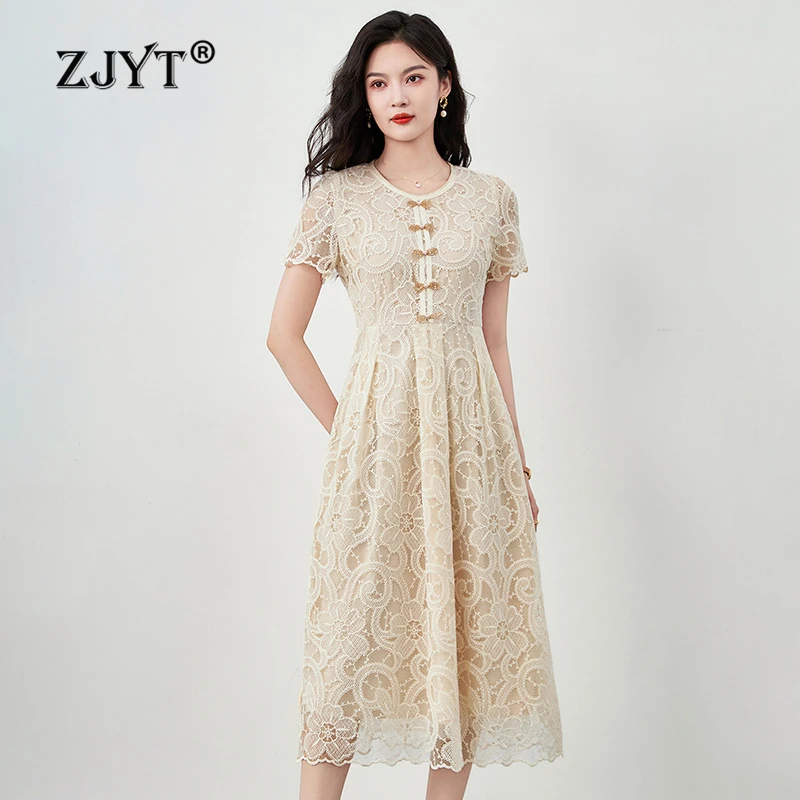 

ZJYT Fashion Women's Summer Dresses 2024 Short Sleeved Lace Party Dress Elegant Ladies Vestidos Midi Robe Femme Woman Clothes