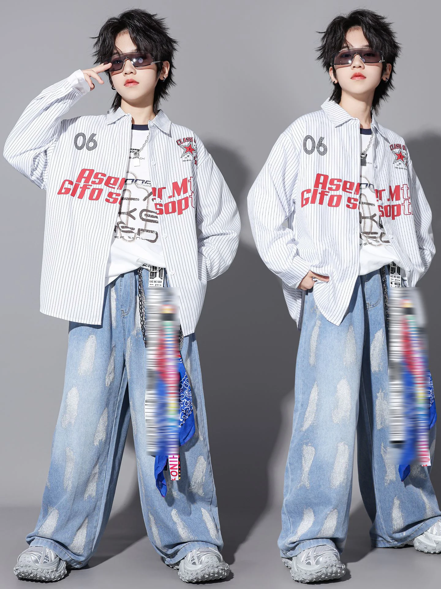 2025 Bambini Abiti da ballo di strada Costume Hip Hop Ragazzi Camicia bianca a righe Pantaloni in denim Maniche lunghe Moda Stage Wear BL18059