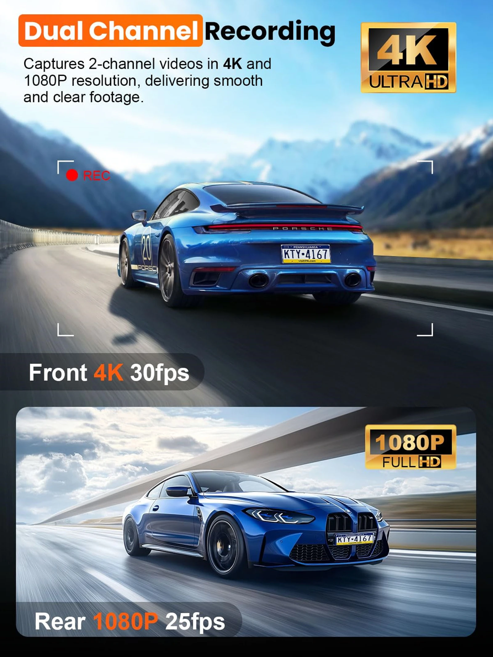 Dash Cam 4K Dual Lens Recording Car Camera DVR Night Vision Video Recorder Built-In Wi-Fi Support 24H Parking Monitoring Black Box Free 64GB Card