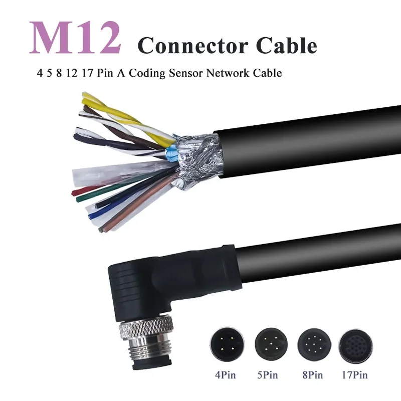 M12 A-type Connector Connection Wire IP67 4 5 8 12 17 Pin Aviation Plug Male Female Dual Shielded A Coding Sensor Network Cable