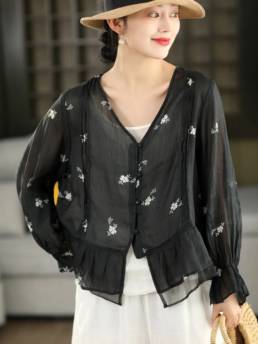 

Рубашка женская из 100% льна с ретро-акварельным принтом, художественными рукавами-колокол и декоративным подолом, дышащая, с длинным рукавом, V-образным вырезом