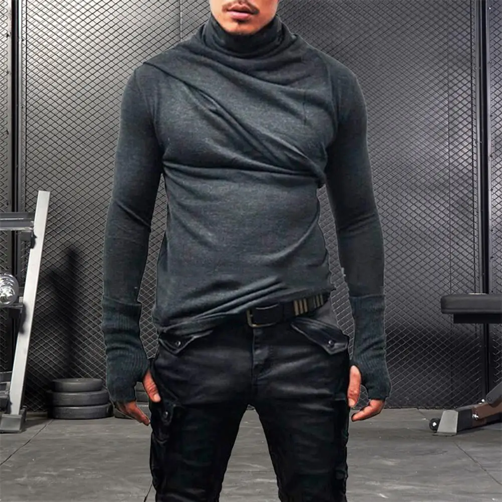 Spring Autumn Men Top Slim Fit Casual Men Pleated Collar Shirt Stretchy Long Sleeves Pullover Sweatshirt for Sports Street Wear