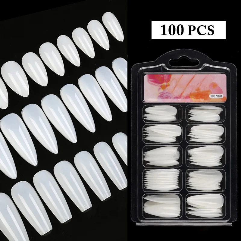 100pcs Natural White False Nails Full Coverage Short Fake Nails Set Coffin Almond Press On Nail Manicure Art Beauty Tool