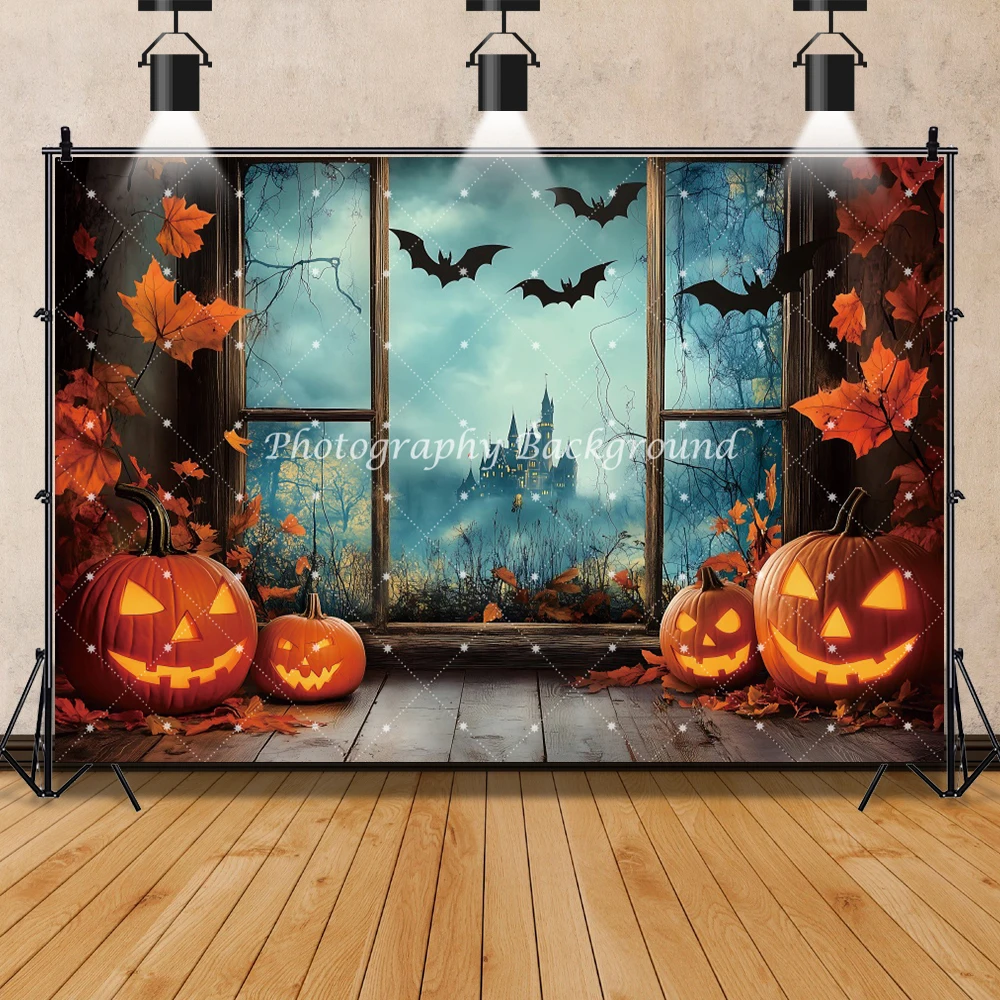 هالوين نافذة المشهد التصوير خلفية الخريف ورقة القرع الخفافيش الهيكل العظمي غرف الديكور الأسرة مهرجان خلفية حفلة