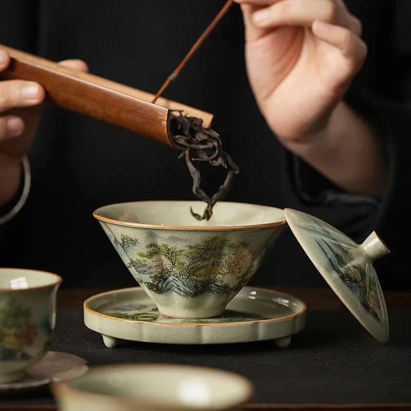 

Jingdezhen-Ceramic Tea Cup with Bamboo Hat, Traditional Handmade Tea Ware, Single Bowl, Kung Fu Tea with Lid, Sancai Gaiwan