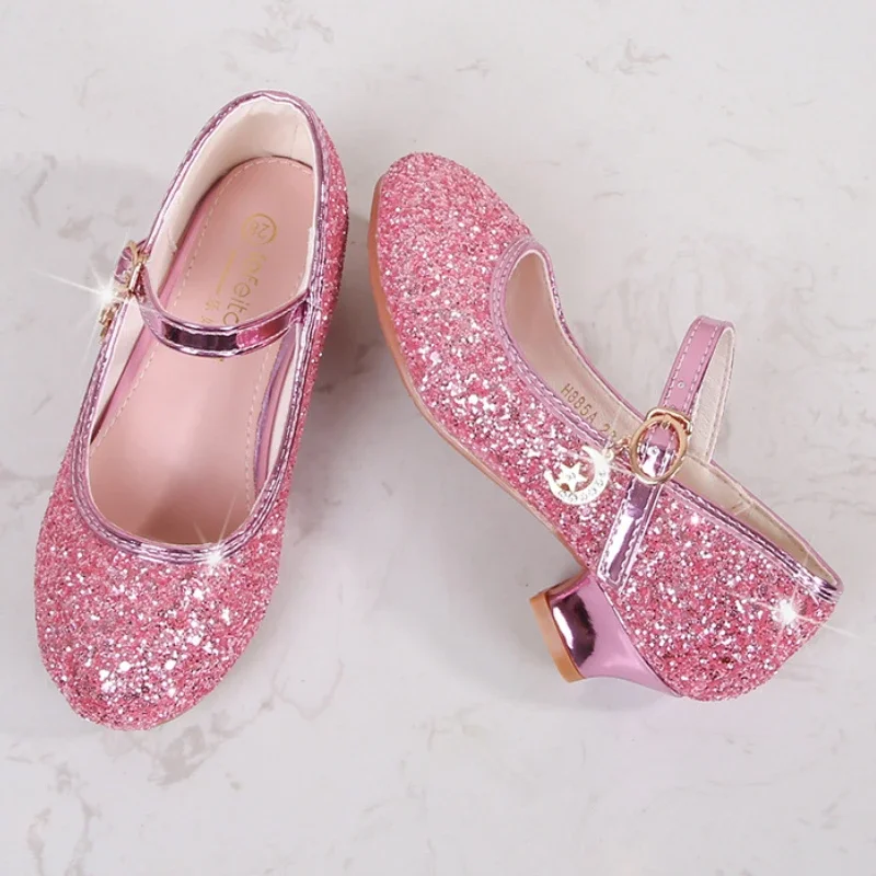 Children Princess Leather Shoes Sequins Fashion Kids Glitter Wedding Party Shoes Versatile Elegant Girls High-heels Single Shoes