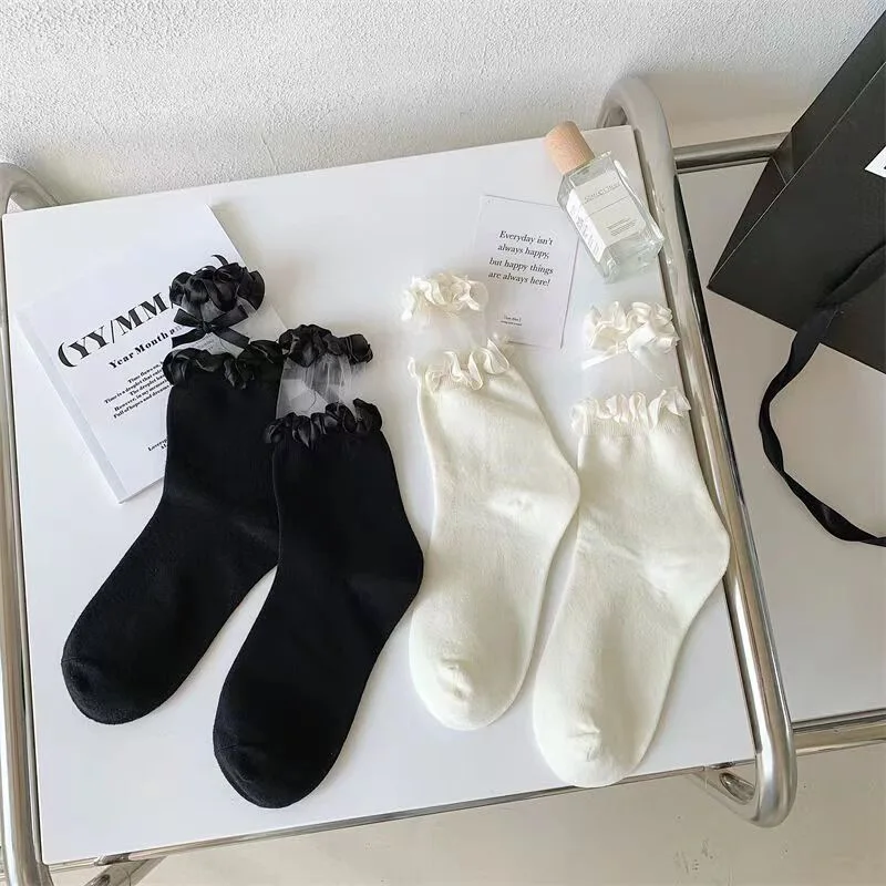 Kave, 1 par de calcetines japoneses bonitos de encaje blanco, calcetines apilables con lazo de verano para mujer, medias transpirables de tubo medio Lolita