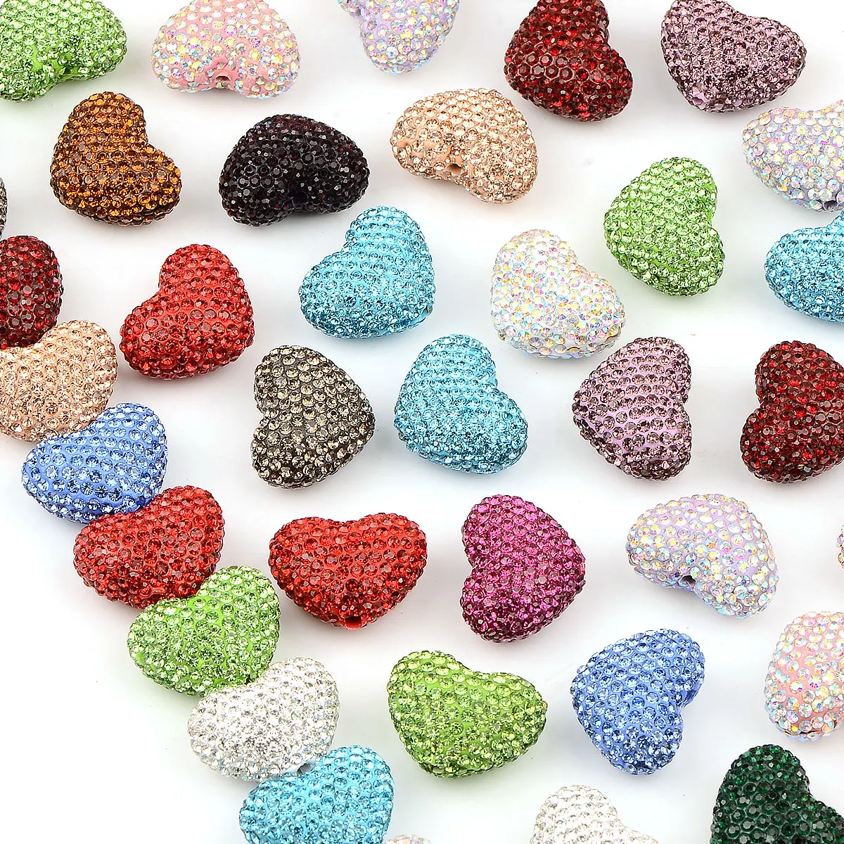 4pcs 1.8x2.4cm Random Color Mix Rhinestone Heart Shape Polymer Clay Beads Pendant Necklace Jewelry Making Accessories