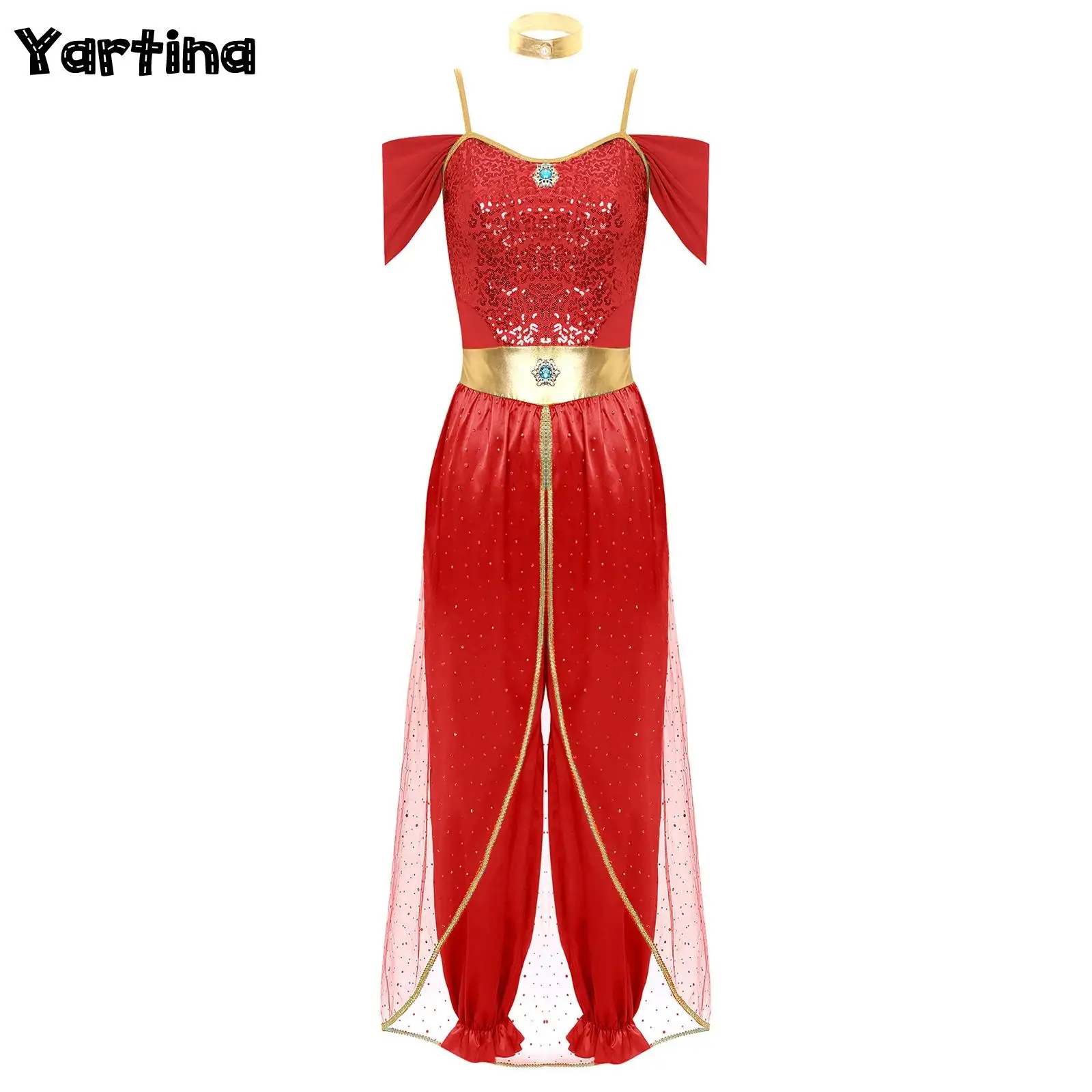 Womens Egypt Indian Oriental Arabian Princess Cospaly Costumes Belly Dance Costume Romper Jumpsuit with Metallic Shiny Choker