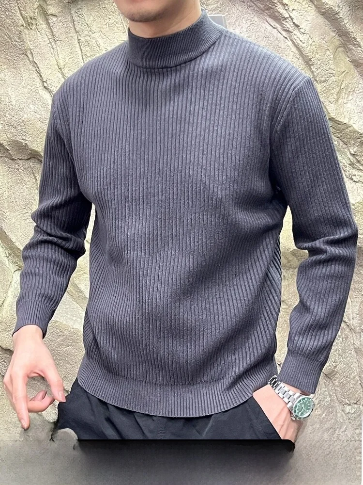 

Модный городской мужской вязаный свитер с высоким воротом, теплый, однотонный, осенне-зимний, с текстурным полосатым узором