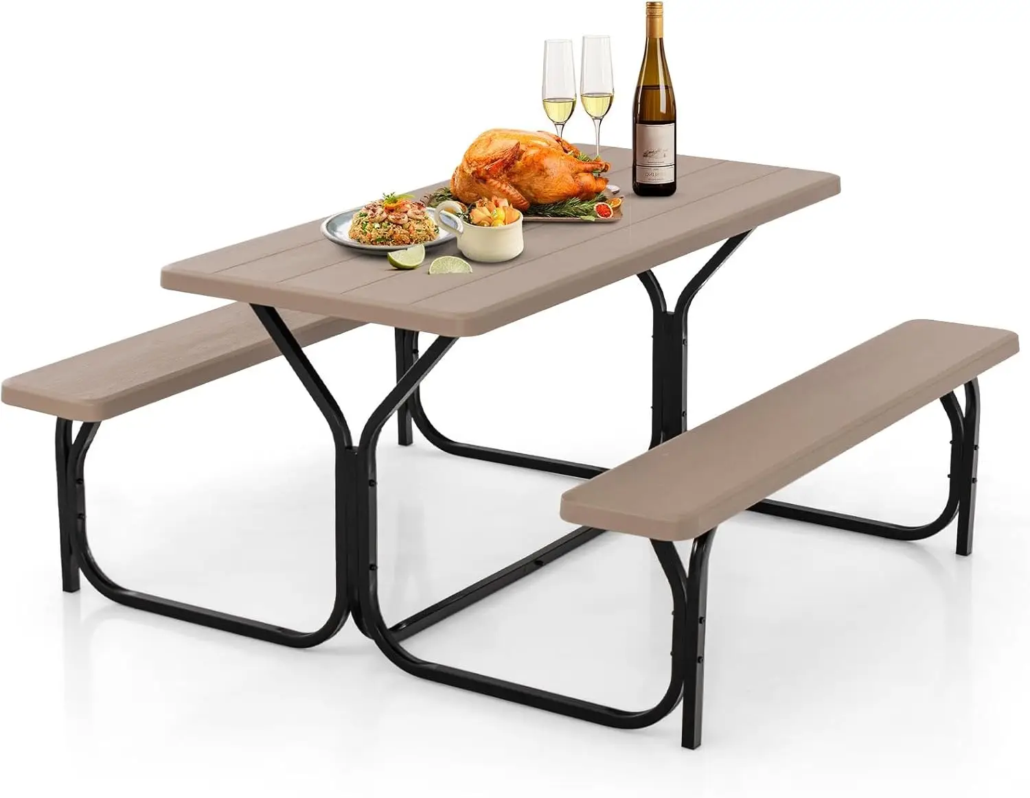 Moccha Picnic Table Bench Set, Portable Plastic Picnic Table W/Steel Frame & Wood-Like Texture, All Weather Heavy Duty Picnic