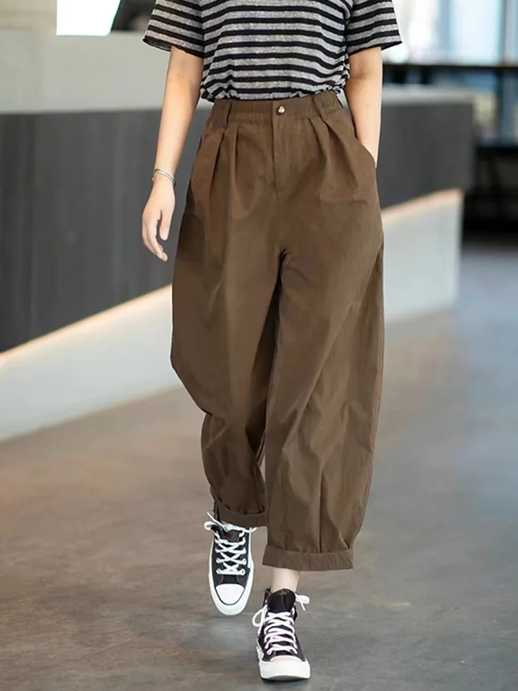 

Ретро-брюки Harlan для женщин: весенне-осенние, свободные, универсальные, с эффектом похудения, на резинке, с высокой талией, драпированные, повседневные, фасон «морковки»