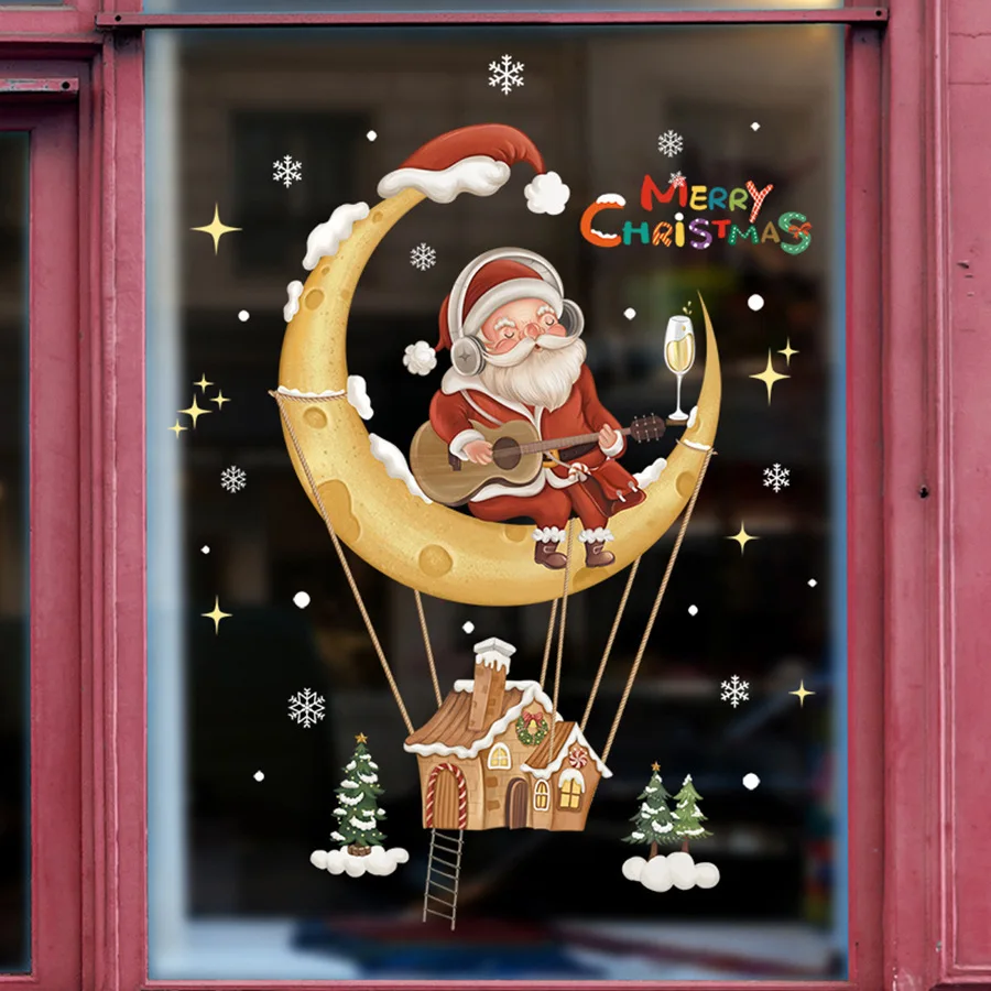 Static Christmas Decorative Stickers Window Display Glass Decals Cute Santa Claus Snowflake Tree Easy Application No Fade