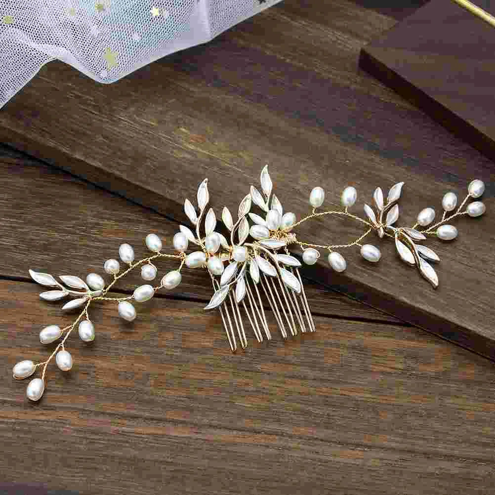 Bridal Hair Comb Goldleaf Pearl Wedding Headpiece Women Hairpin Bride Insert Headdress