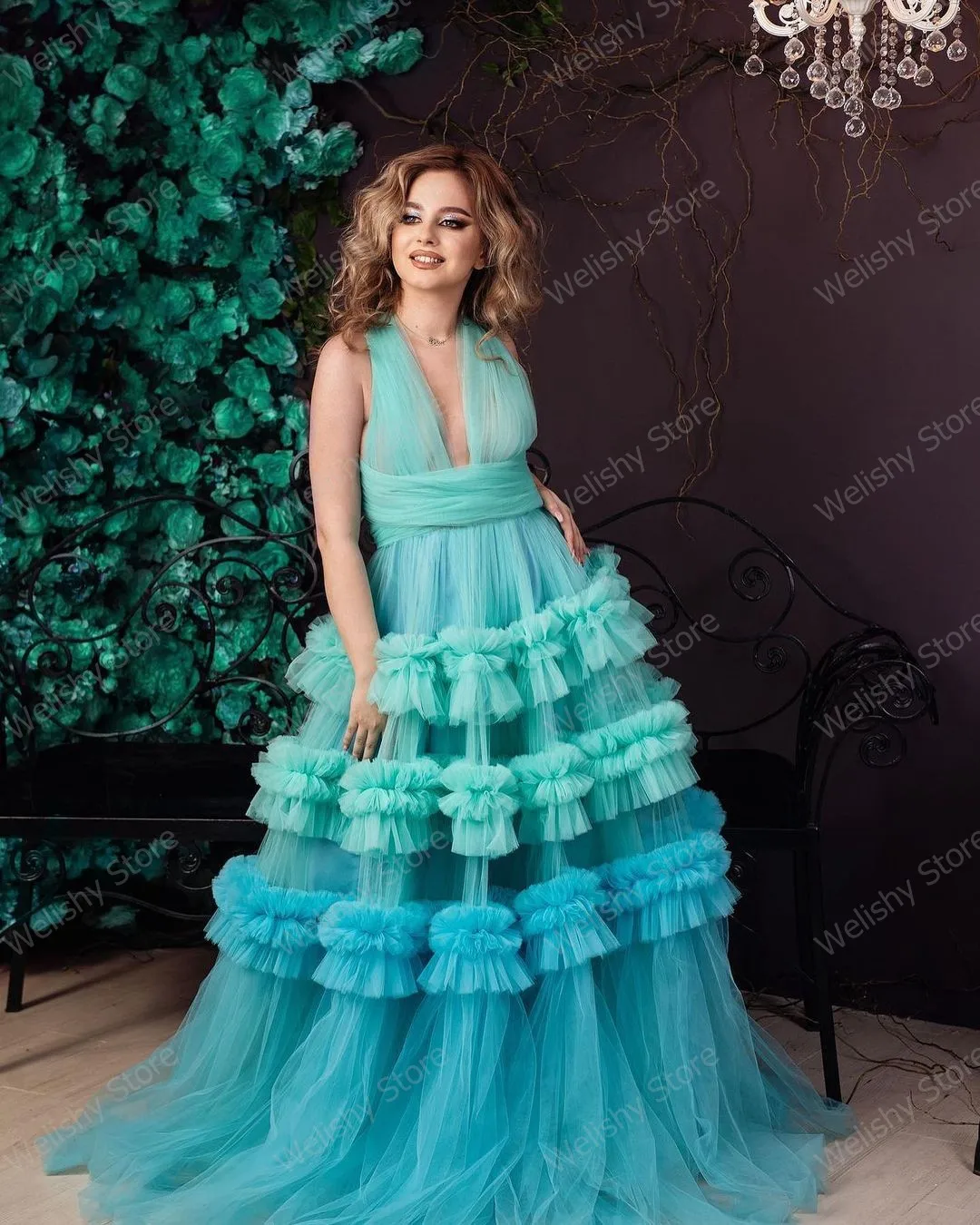 Vestidos de maternidad de tul de colores mezclados para mujer, vestido de malla transparente con cuello en V profundo, volantes escalonados, vestidos de graduación, vestido de fiesta de fotografía