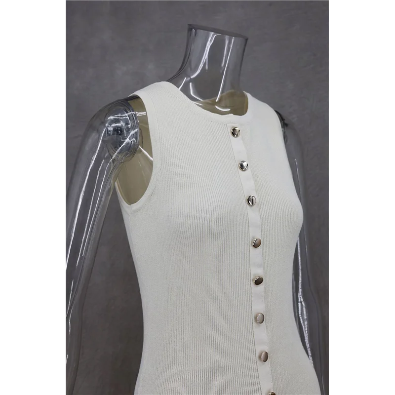 ABP-robe longue en tricot pour femmes, sans manches, simple boutonnage, fente, col rond, pull, moulante, été
