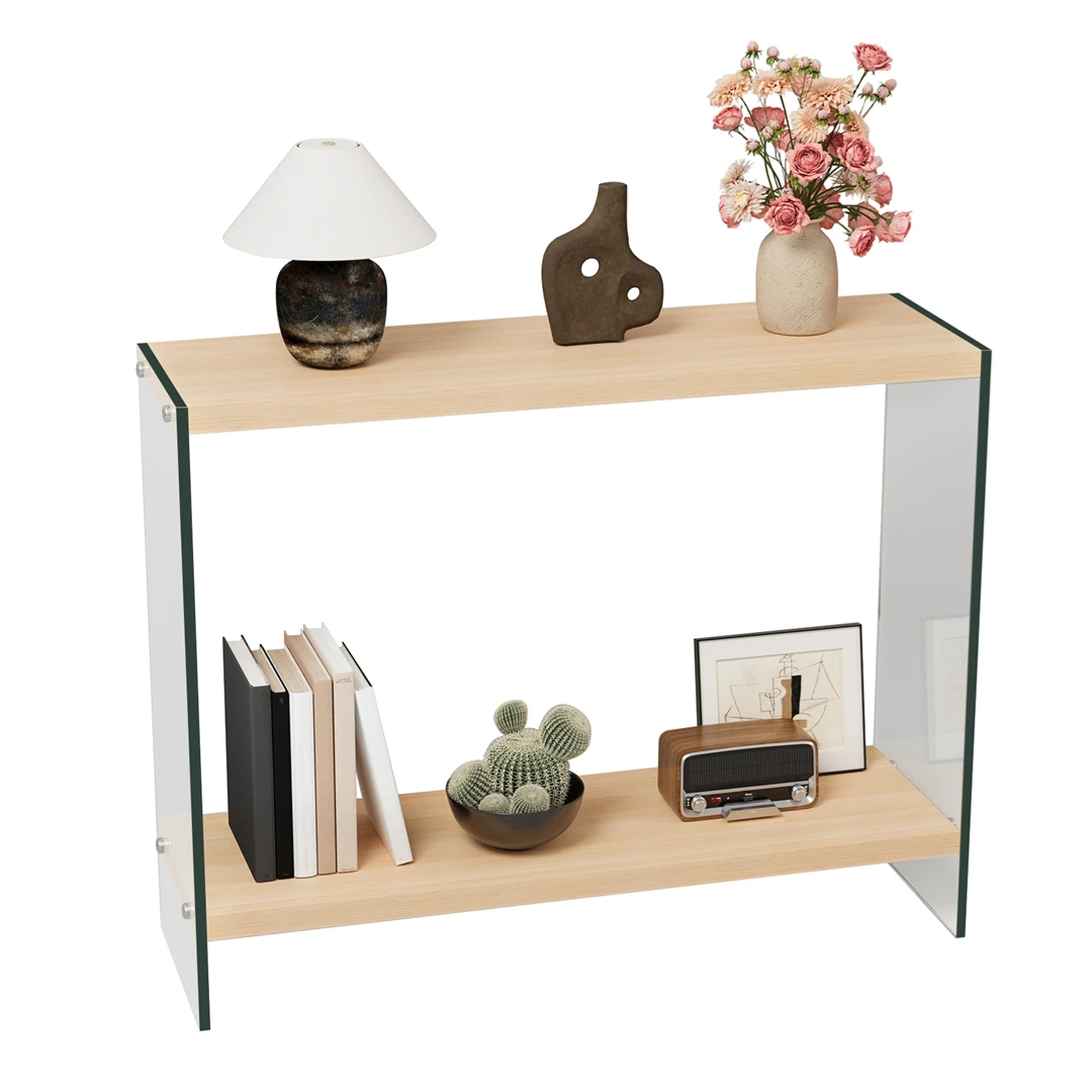 

Rectangular Console Table with Storage, Wood-finish MDF & Tempered Glass Legs, Entryway Sofa Side Table for Living Room, Hallway