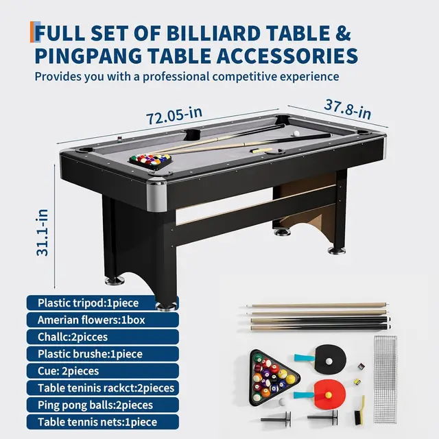Garvee 2-in-1 Multi-Game Combination Table 6 FT, Billiard Pool Table with Pool Balls Cues Paddles Brush for Family Recreational Game Rooms
