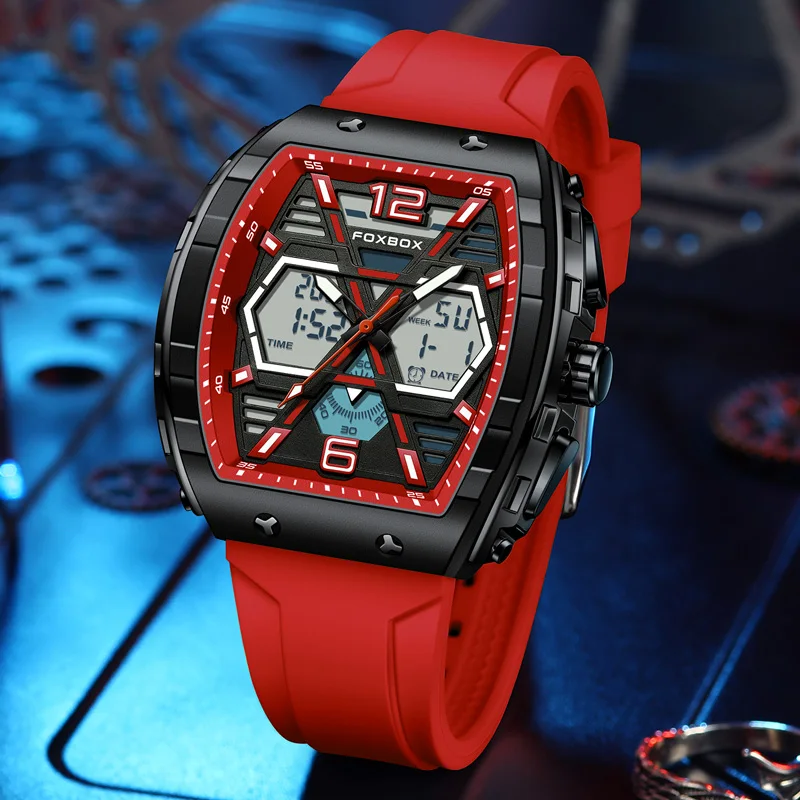 Reloj Hombre FOXBOX Men Watch Luxury 5ATM Waterproof Digital Quartz Wristwatch Luminous Date Sports Silicone Clock Mens Watches