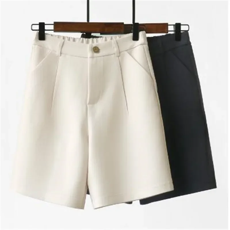 Thin Beige Suit Shorts Women's Summer 2024 New High Waist Loose Wide Legs Straight Office Ladies Cropped Shorts Woman